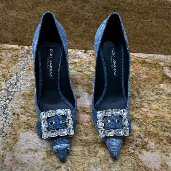 Dolce & Gabbana Denim Heels with Crystal Buckle - Picture 1 of 16